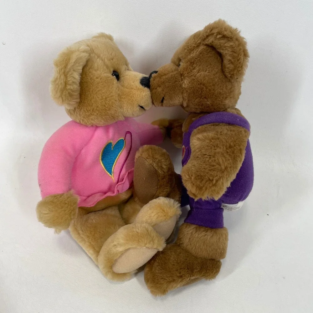 Hallmark Vintage Magnetic Kissing Teddy Bears Set Pink Purple Heart Outfits 90s